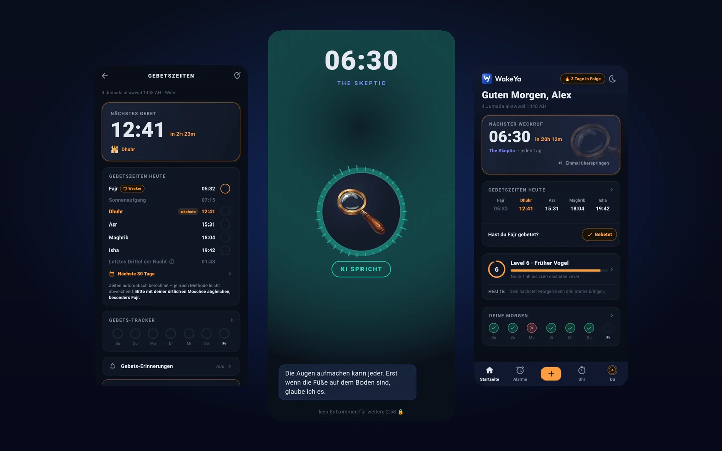 WakeYa – Weckerliste, Gebetszeiten und Design-Einstellungen der App